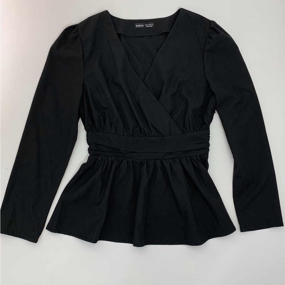 SHEIN Black Surplice Long Sleeve Peplum Blouse Sz XS